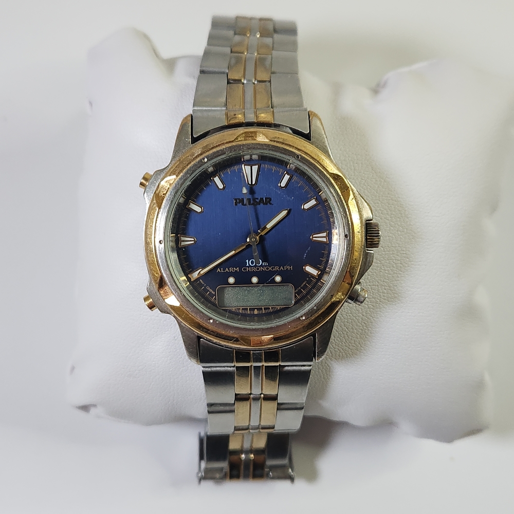 Vintage Pulsar Watch Blue and Gold Alarm Chronograph Watch